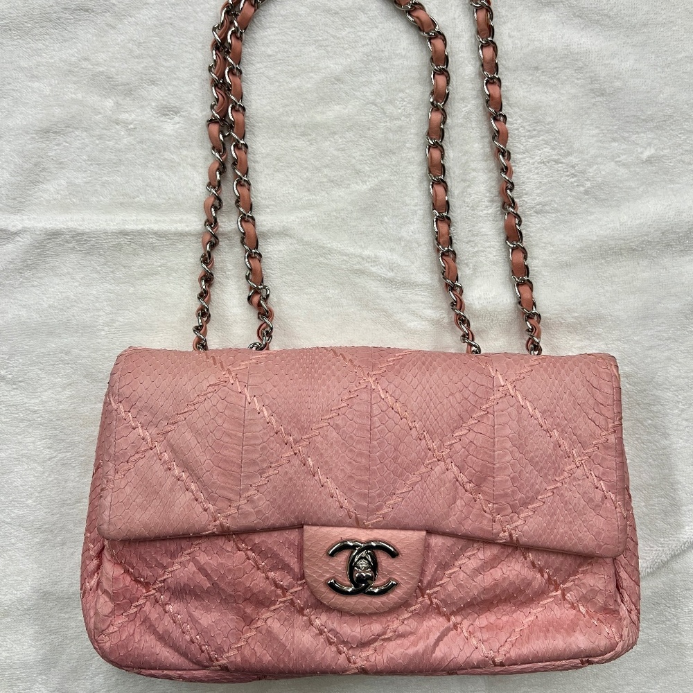 Chanel Pink Snakeskin Flap Bag with Chain Strap & Authenticity Card